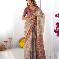 Cream & Pink Handloom Cotton Saree with Pastel Floral Print and Ornamental Tree Pallu