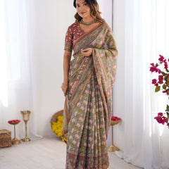 Olive Green Pure Linen Cotton Handloom Saree with Pink Lotus Motifs & Maroon Blouse