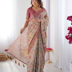 Cream & Pink Handloom Cotton Saree with Pastel Floral Print and Ornamental Tree Pallu