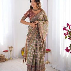 Olive Green Pure Linen Cotton Handloom Saree with Pink Lotus Motifs & Maroon Blouse