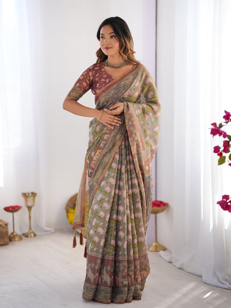 Olive Green Pure Linen Cotton Handloom Saree with Pink Lotus Motifs & Maroon Blouse