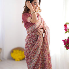 Maroon Pure Linen Cotton Handloom Saree with Elephant & Floral Folk Art