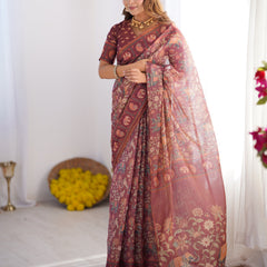 Maroon Pure Linen Cotton Handloom Saree with Elephant & Floral Folk Art