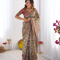 Olive Green Pure Linen Cotton Handloom Saree with Pink Lotus Motifs & Maroon Blouse