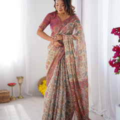 Cream & Pink Handloom Cotton Saree with Pastel Floral Print and Ornamental Tree Pallu
