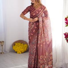 Maroon Pure Linen Cotton Handloom Saree with Elephant & Floral Folk Art