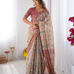 Cream & Pink Handloom Cotton Saree with Pastel Floral Print and Ornamental Tree Pallu