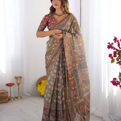 Olive Green Pure Linen Cotton Handloom Saree with Pink Lotus Motifs & Maroon Blouse