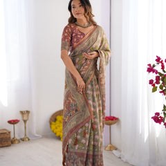 Olive Green Pure Linen Cotton Handloom Saree with Pink Lotus Motifs & Maroon Blouse