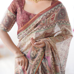 Beige & Maroon Handloom Cotton Saree with Royal Faces & Elephant Pallu Motif