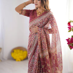 Maroon Pure Linen Cotton Handloom Saree with Elephant & Floral Folk Art