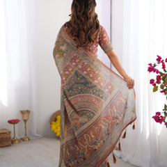 Olive Green Pure Linen Cotton Handloom Saree with Pink Lotus Motifs & Maroon Blouse