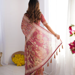 Maroon Pure Linen Cotton Handloom Saree with Elephant & Floral Folk Art