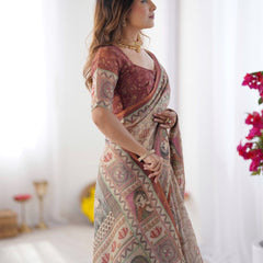 Beige & Maroon Handloom Cotton Saree with Royal Faces & Elephant Pallu Motif