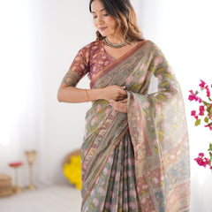 Olive Green Pure Linen Cotton Handloom Saree with Pink Lotus Motifs & Maroon Blouse