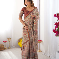Beige & Maroon Handloom Cotton Saree with Royal Faces & Elephant Pallu Motif