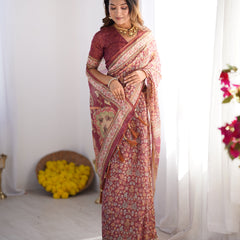 Maroon Pure Linen Cotton Handloom Saree with Elephant & Floral Folk Art