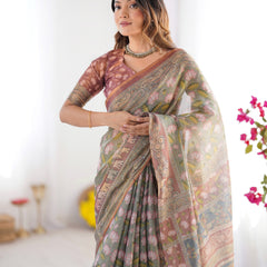 Olive Green Pure Linen Cotton Handloom Saree with Pink Lotus Motifs & Maroon Blouse