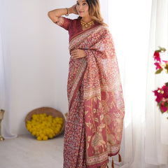 Maroon Pure Linen Cotton Handloom Saree with Elephant & Floral Folk Art