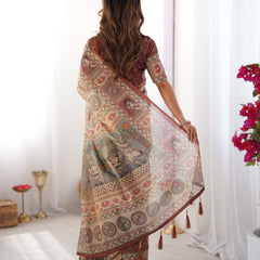 Beige & Maroon Handloom Cotton Saree with Royal Faces & Elephant Pallu Motif