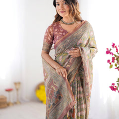 Olive Green Pure Linen Cotton Handloom Saree with Pink Lotus Motifs & Maroon Blouse