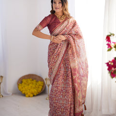 Maroon Pure Linen Cotton Handloom Saree with Elephant & Floral Folk Art