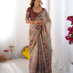 Beige & Maroon Handloom Cotton Saree with Royal Faces & Elephant Pallu Motif