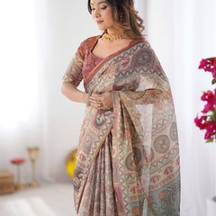 Beige & Maroon Handloom Cotton Saree with Royal Faces & Elephant Pallu Motif