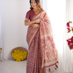 Maroon Pure Linen Cotton Handloom Saree with Elephant & Floral Folk Art