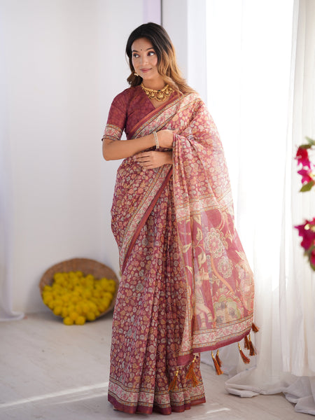 Maroon Pure Linen Cotton Handloom Saree with Elephant & Floral Folk Art