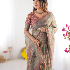 Olive Green Pure Linen Cotton Handloom Saree with Pink Lotus Motifs & Maroon Blouse
