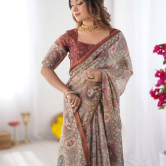Beige & Maroon Handloom Cotton Saree with Royal Faces & Elephant Pallu Motif