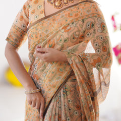 Peach Orange Pure Linen Cotton Handloom Saree with Floral Vine Print and Elegant Pallu Artwork