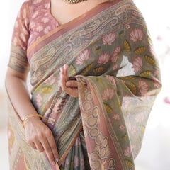 Olive Green Pure Linen Cotton Handloom Saree with Pink Lotus Motifs & Maroon Blouse