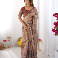 Beige & Maroon Handloom Cotton Saree with Royal Faces & Elephant Pallu Motif
