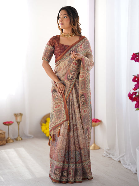 Beige & Maroon Handloom Cotton Saree with Royal Faces & Elephant Pallu Motif