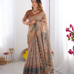 Beige & Rust Pure Linen Cotton Saree with Folk Animal Motif & Floral Print