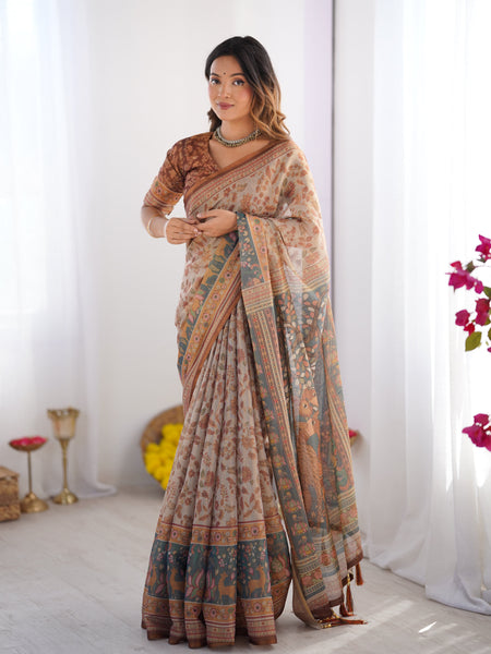 Beige & Rust Pure Linen Cotton Saree with Folk Animal Motif & Floral Print