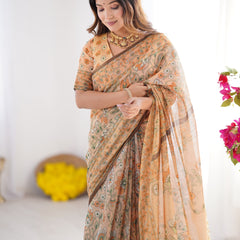 Peach Orange Pure Linen Cotton Handloom Saree with Floral Vine Print and Elegant Pallu Artwork