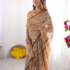Peach Orange Pure Linen Cotton Handloom Saree with Floral Vine Print and Elegant Pallu Artwork