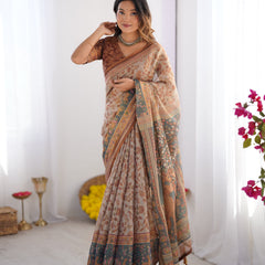 Beige & Rust Pure Linen Cotton Saree with Folk Animal Motif & Floral Print