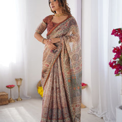 Beige & Maroon Handloom Cotton Saree with Royal Faces & Elephant Pallu Motif