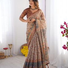 Beige & Rust Pure Linen Cotton Saree with Folk Animal Motif & Floral Print