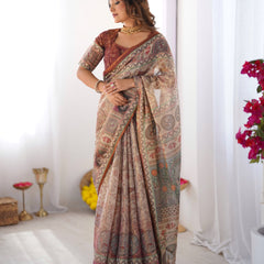 Beige & Maroon Handloom Cotton Saree with Royal Faces & Elephant Pallu Motif