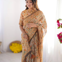 Peach Orange Pure Linen Cotton Handloom Saree with Floral Vine Print and Elegant Pallu Artwork