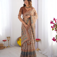 Beige & Rust Pure Linen Cotton Saree with Folk Animal Motif & Floral Print