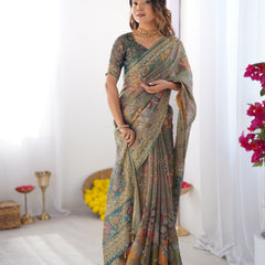 Teal Green Handloom Cotton Saree with Floral Print and Royal Elephant Pallu