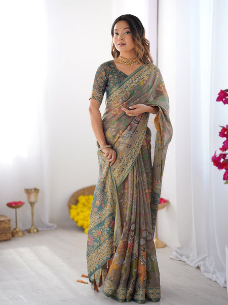 Teal Green Handloom Cotton Saree with Floral Print and Royal Elephant Pallu
