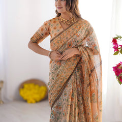 Peach Orange Pure Linen Cotton Handloom Saree with Floral Vine Print and Elegant Pallu Artwork