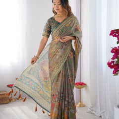 Teal Green Handloom Cotton Saree with Floral Print and Royal Elephant Pallu